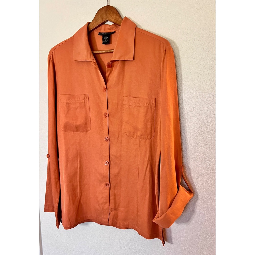 Silkland 100% Silk Button Front Blouse Orange Long Sleeve Size Large - Picture 3 of 7